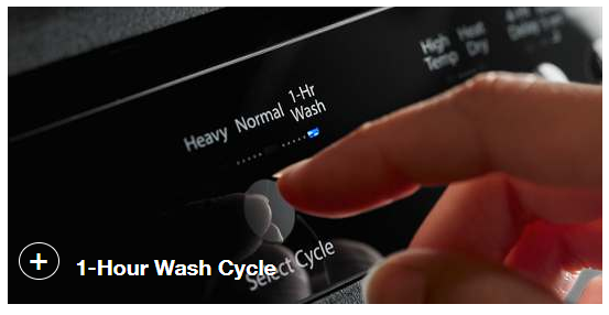 finger pointing to Whirlpool WDT720PADM 1 hour wash cycle feature